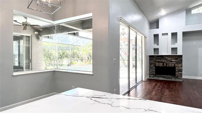 Fireplace, Interior, Recessed Lighting, Wood Texture Flooring