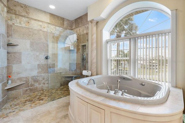 Bathroom, Glass Shower, Interior, Recessed Lighting, Stone Walls