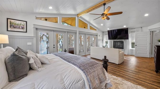 Bedroom, Fireplace, Interior, Recessed Lighting, Wood Texture Flooring