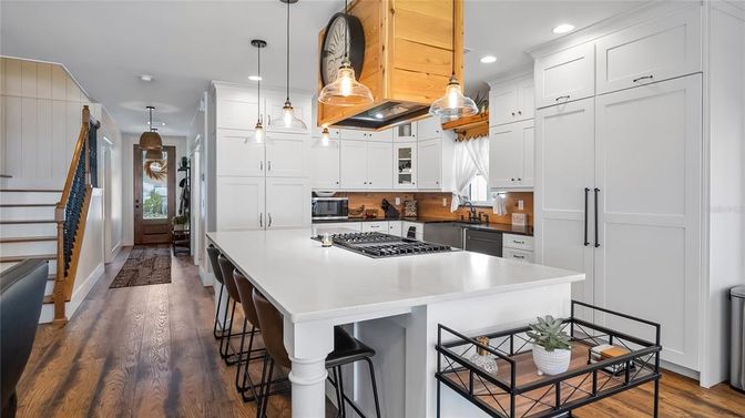 Interior, Kitchen, Pendant Lights, Recessed Lighting, Stainless Steel Appliances, Wood Texture Flooring