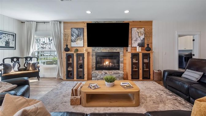 Fireplace, Interior, Living room, Recessed Lighting, Wood Texture Flooring