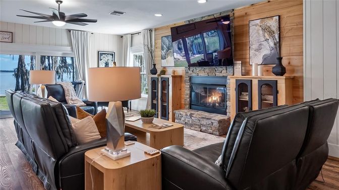 Fireplace, Interior, Living room, Recessed Lighting, Wood Texture Flooring, Wooden Walls