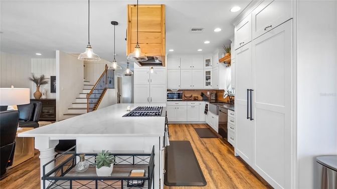 Interior, Kitchen, Pendant Lights, Recessed Lighting, Stainless Steel Appliances, Wood Texture Flooring