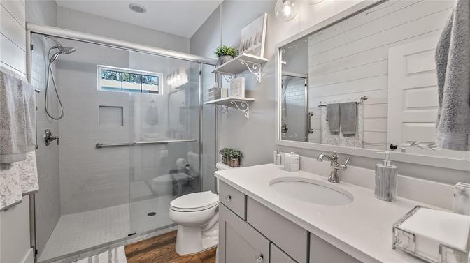 Bathroom, Glass Shower, Interior, Wood Texture Flooring