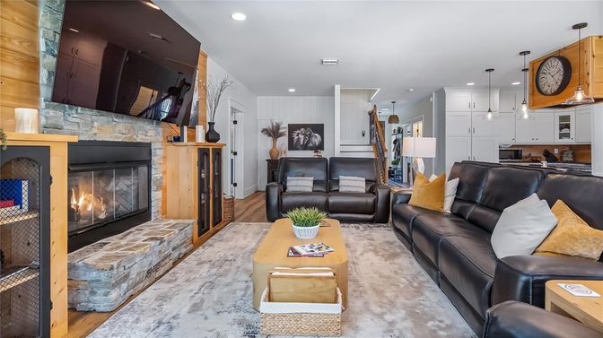 Fireplace, Interior, Kitchen, Living room, Pendant Lights, Recessed Lighting, Stone Walls, Wood Texture Flooring