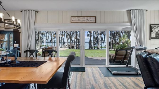 Dining room, Interior, Pendant Lights, Sun Room, Water, Wood Texture Flooring