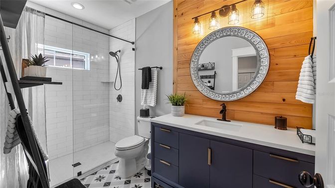 Bathroom, Glass Shower, Interior, Recessed Lighting