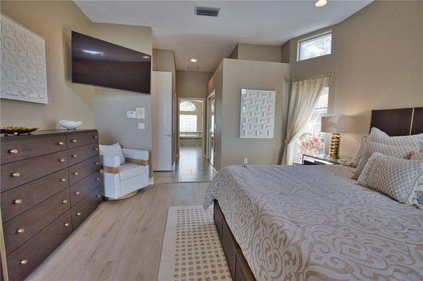 Bedroom, Interior, Recessed Lighting, Wood Texture Flooring