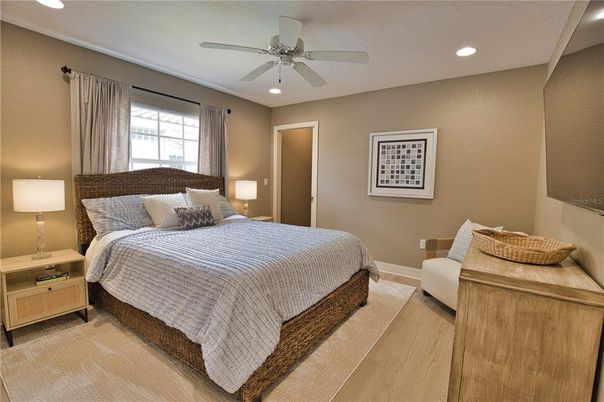 Bedroom, Interior, Recessed Lighting, Wood Texture Flooring