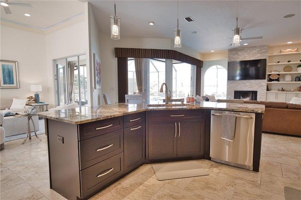Fireplace, Interior, Kitchen, Living room, Pendant Lights, Recessed Lighting, Stainless Steel Appliances
