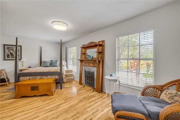 Bedroom, Fireplace, Interior, Wood Texture Flooring