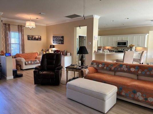 Interior, Kitchen, Living room, Pendant Lights, Recessed Lighting, Wood Texture Flooring