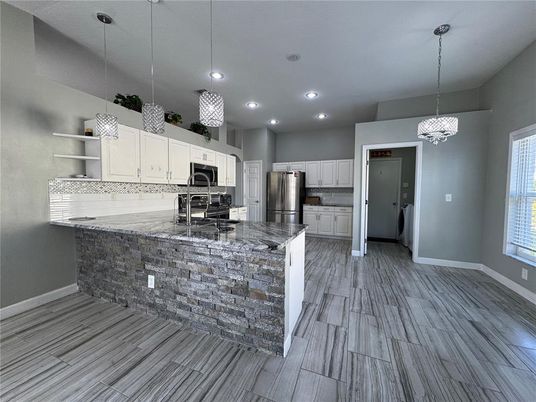 Interior, Kitchen, Pendant Lights, Recessed Lighting, Stainless Steel Appliances, Wood Texture Flooring
