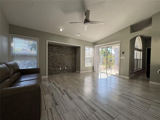Empty room, Interior, Recessed Lighting, Stone Walls, Wood Texture Flooring