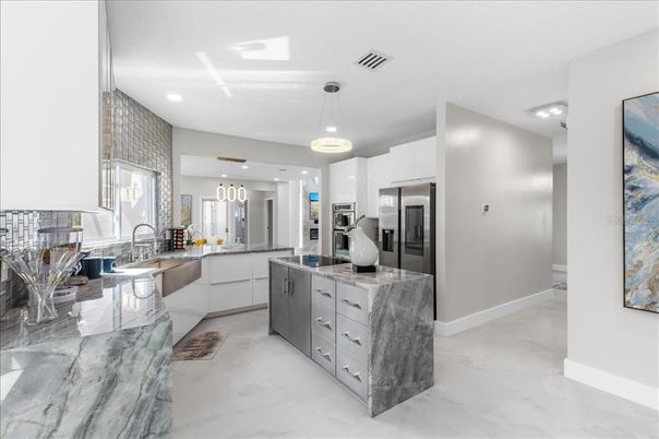 Interior, Kitchen, Marble, Pendant Lights, Recessed Lighting, Stainless Steel Appliances