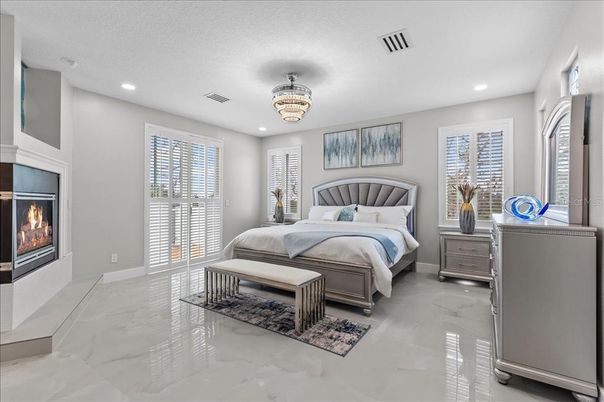 Bedroom, Chandelier, Fireplace, Interior, Marble, Recessed Lighting
