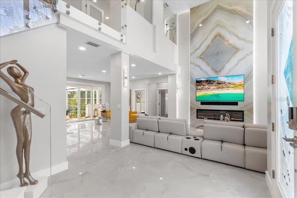 Fireplace, Interior, Living room, Marble, Recessed Lighting
