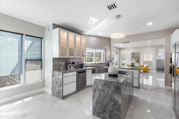 Interior, Kitchen, Marble, Pendant Lights, Recessed Lighting, Stainless Steel Appliances