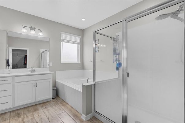 Bathroom, Glass Shower, Interior, Recessed Lighting, Wood Texture Flooring