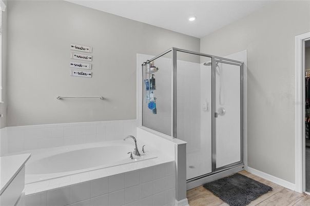 Bathroom, Glass Shower, Interior, Recessed Lighting, Wood Texture Flooring