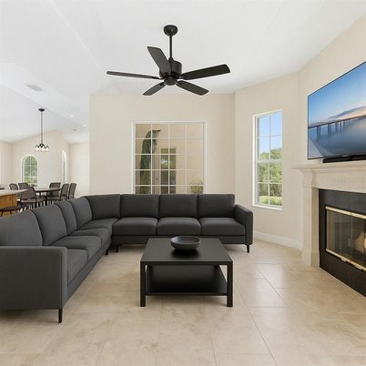 Dining room, Fireplace, Interior, Living room, Pendant Lights, Recessed Lighting