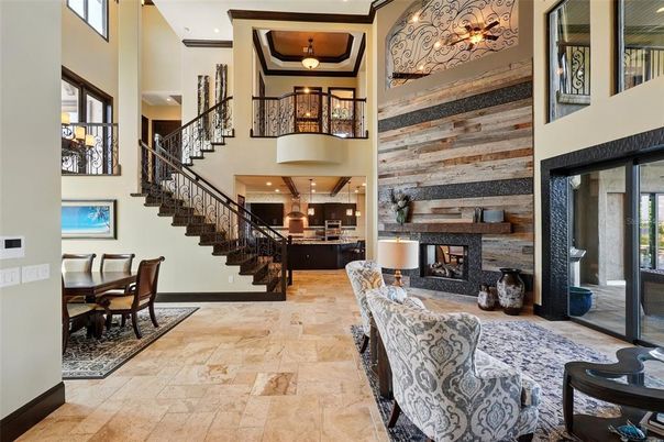 Dining room, Fireplace, Interior, Living room, Recessed Lighting