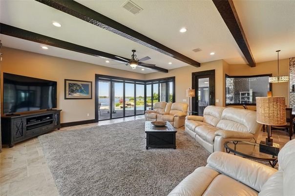 Interior, Living room, Pendant Lights, Recessed Lighting, Wooden Beams