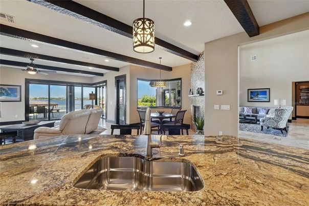 Dining room, Interior, Living room, Pendant Lights, Recessed Lighting, Water, Wooden Beams