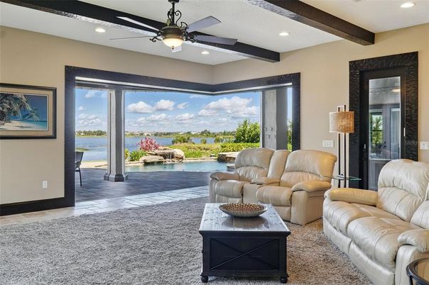 Interior, Living room, Recessed Lighting, Water, Wooden Beams