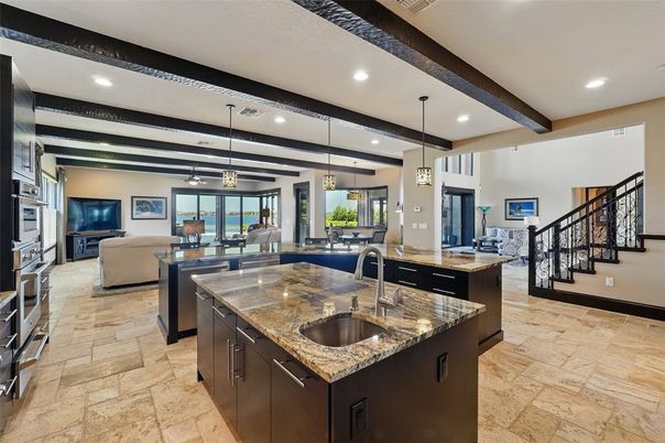 Interior, Kitchen, Living room, Pendant Lights, Recessed Lighting, Stainless Steel Appliances, Water, Wooden Beams