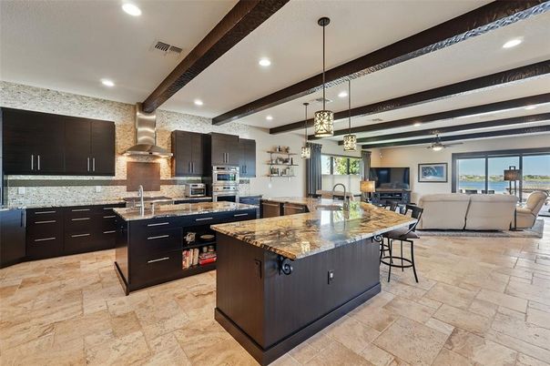 Interior, Kitchen, Living room, Pendant Lights, Recessed Lighting, Stainless Steel Appliances, Wooden Beams