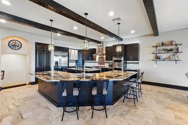 Interior, Kitchen, Pendant Lights, Recessed Lighting, Stainless Steel Appliances, Wooden Beams