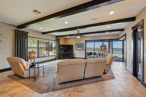 Interior, Living room, Recessed Lighting, Water, Wooden Beams