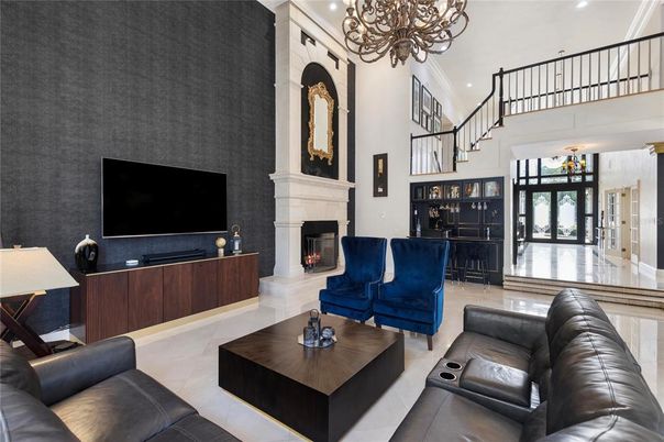 Chandelier, Fireplace, Interior, Living room, Recessed Lighting