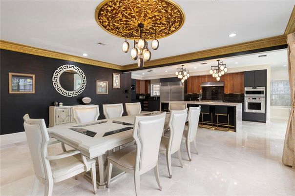 Chandelier, Dining room, Interior, Kitchen, Pendant Lights, Recessed Lighting, Stainless Steel Appliances