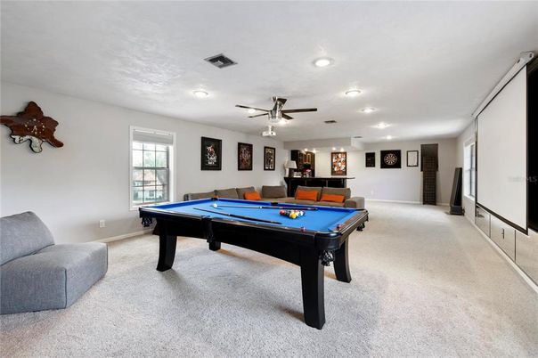 Billiard Table, Game Room, Interior, Recessed Lighting