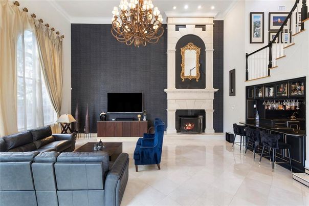 Chandelier, Fireplace, Interior, Living room, Recessed Lighting