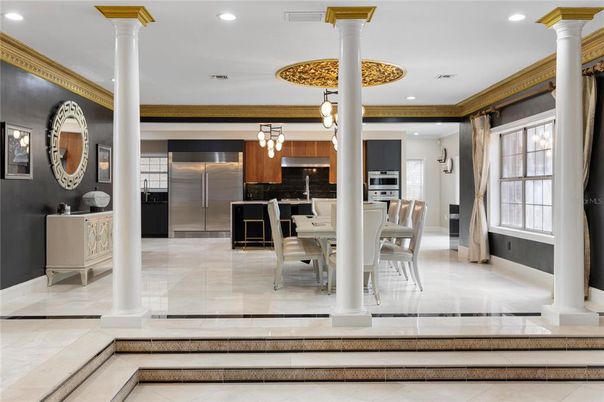Dining room, Interior, Kitchen, Pendant Lights, Recessed Lighting, Stainless Steel Appliances