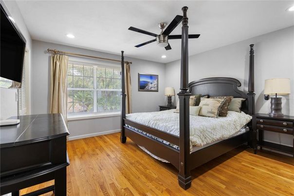 Bedroom, Interior, Recessed Lighting, Wood Texture Flooring