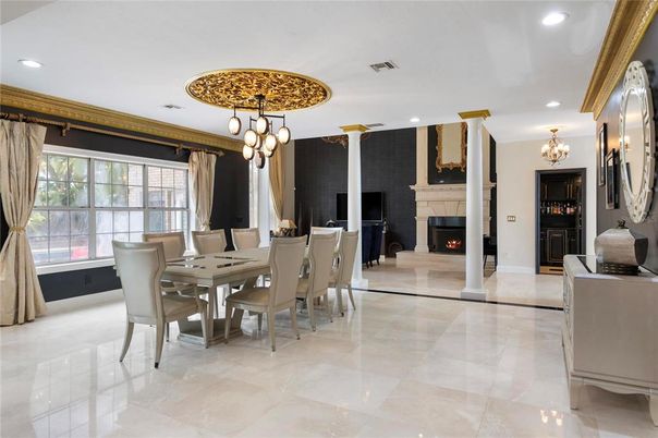 Chandelier, Dining room, Fireplace, Interior, Recessed Lighting
