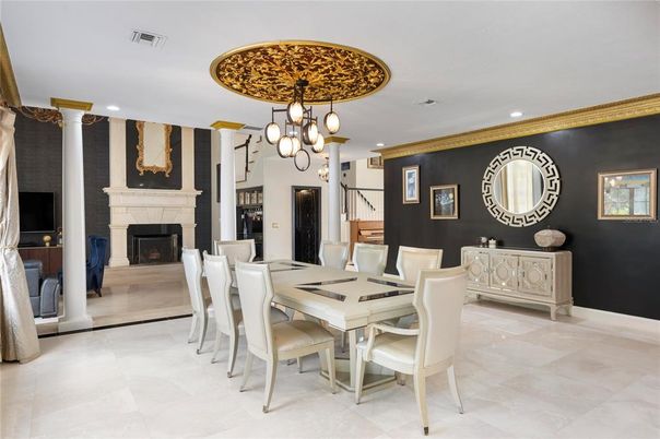 Chandelier, Dining room, Fireplace, Interior, Recessed Lighting