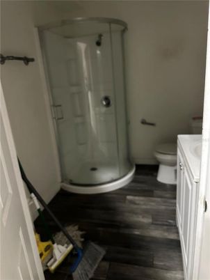 Bathroom, Glass Shower, Interior, Wood Texture Flooring