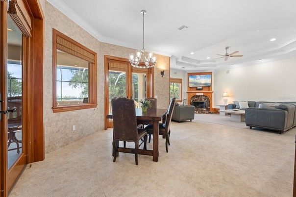 Chandelier, Dining room, Fireplace, Interior, Living room, Recessed Lighting
