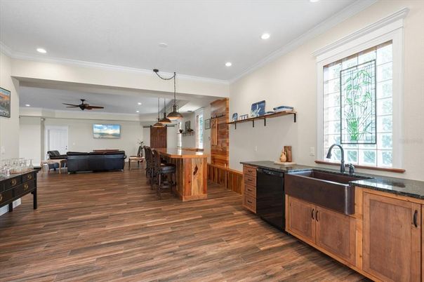 Interior, Kitchen, Pendant Lights, Recessed Lighting, Wood Texture Flooring