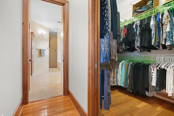 Bathroom, Glass Shower, Interior, Walk-in Closets, Wood Texture Flooring