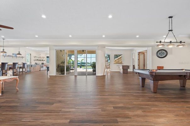 Billiard Table, Game Room, Interior, Pendant Lights, Recessed Lighting, Wood Texture Flooring