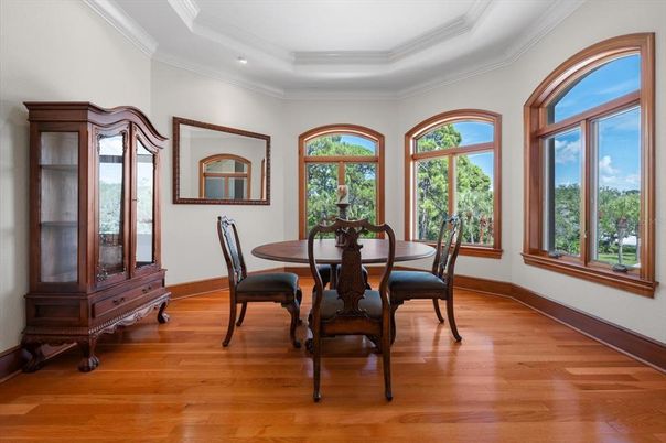 Dining room, Interior, Recessed Lighting, Wood Texture Flooring