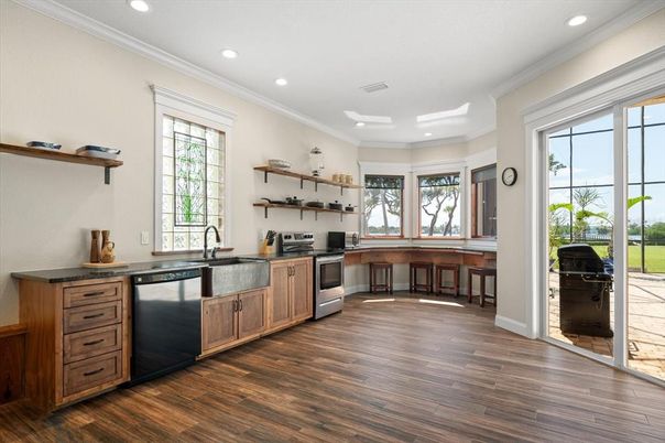 Interior, Kitchen, Recessed Lighting, Stainless Steel Appliances, Wood Texture Flooring