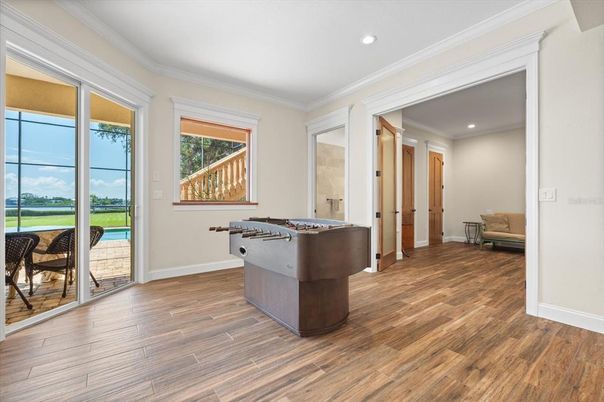 Game Room, Interior, Recessed Lighting, Wood Texture Flooring
