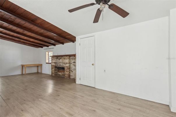 Empty room, Fireplace, Interior, Wooden Beams, Wooden Ceilings, Wood Texture Flooring
